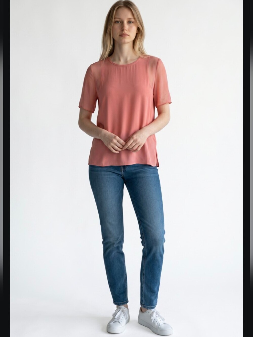 Vince Coral-Pink Short Sleeve Sheer Yoke Blouse
